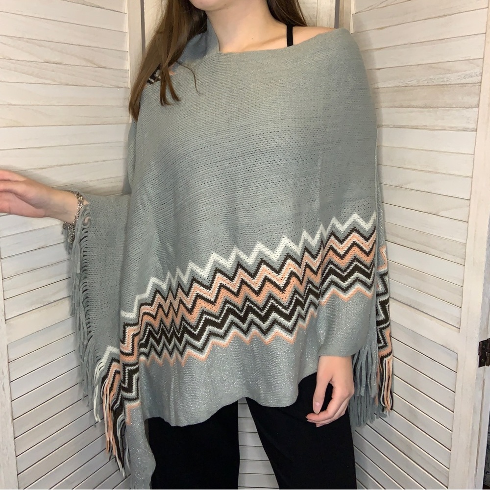Jade Chevron Print Metallic Light Gray Brown and Pink Fringe Winter Poncho